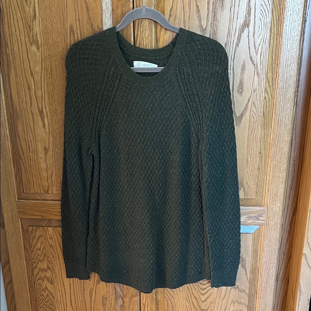 LOFT Dark Olive Green Knit Sweater with sparkles.